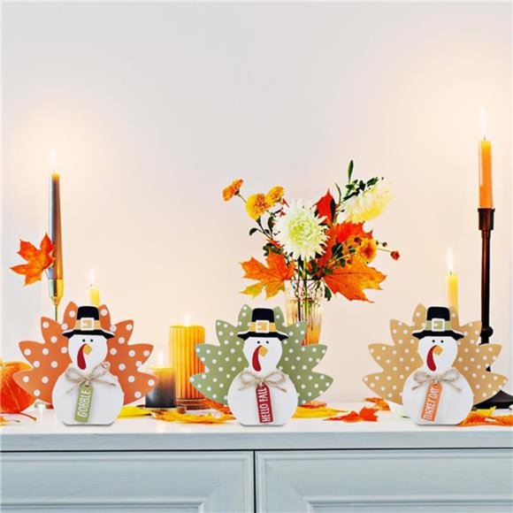 Thanksgiving Fall Decorations, Set of 3 Tabletop Turkey Decor Wood Table Sign - Picture 3 of 7